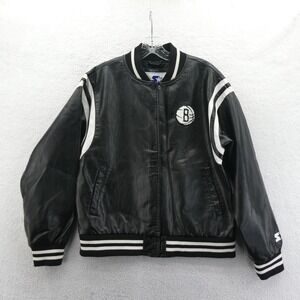 Starter Jacket Women Medium Brooklyn Nets Black Faux Leather Varsity Bomber NBA